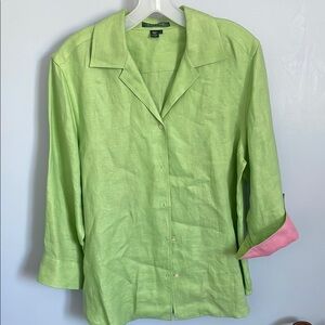 Lauren Ralph Lauren 100% linen Light Green Button Up Shirt Pink Cuffs size L